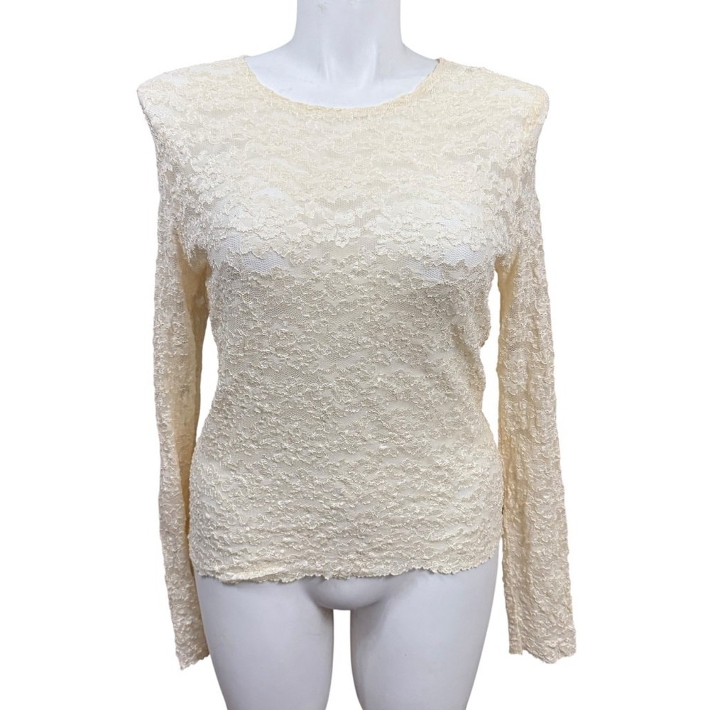 Vintage New Frontier Lace Top Blouse Women’s Large Ivory Long Sleeve Made in USA